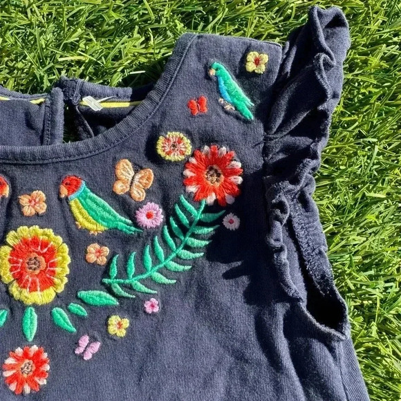 Mini Boden Navy Embroidered Parrot Tropical Dress 4-5y floral - Picture 2 of 3